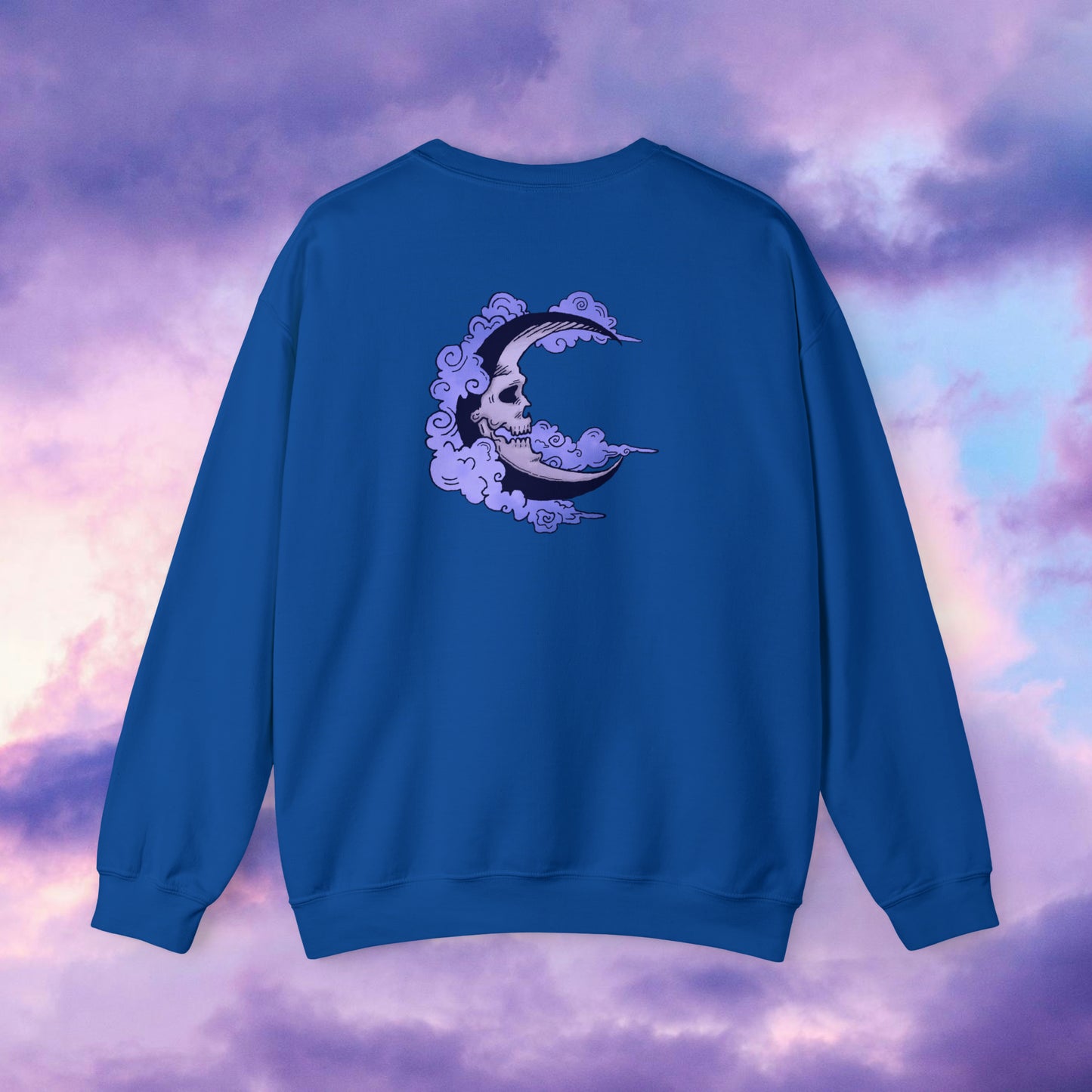 Shmacked Streetwear Skull of the Crescent Night Heavy Blend™ Sweatshirt On White/Light Blue/Carolina Blue/Royal/Purple/Light Pink/Safety Pink